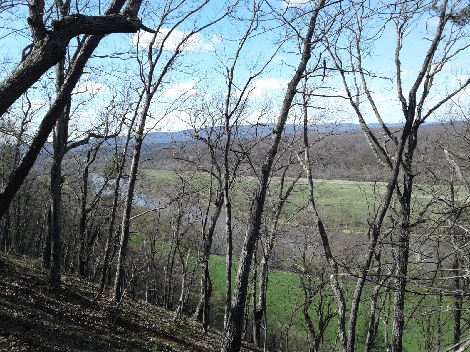 A wide river valley view through bare trees, late fall.