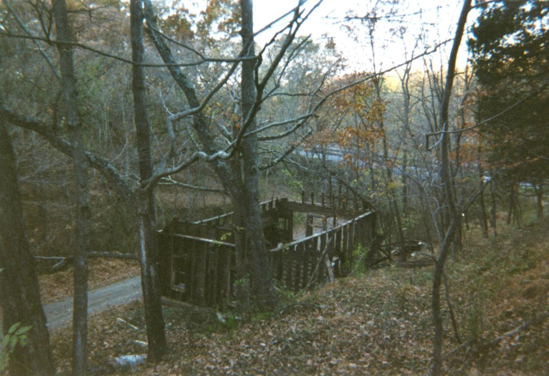 The building mid-dismantling in 2001, its frame exposed among the trees.